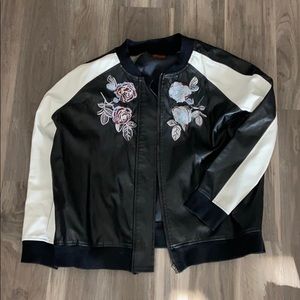 Floral leather bomber